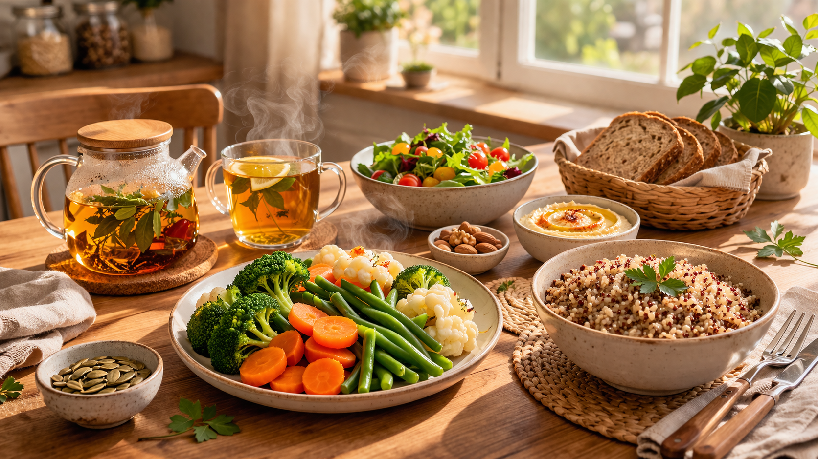 A cozy kitchen table with simple, wholesome food: steamed vegetables, whole grains, and herbal tea in natural daylight, warm and inviting atmosphere