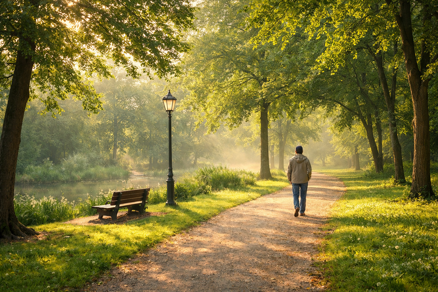 A peaceful walking path through a green park with soft morning light, person walking leisurely, serene and refreshing atmosphere